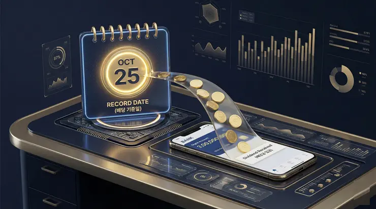 국내 배당 기준일 확정과 배당금 입금 프로세스를 시각화한 3D 일러스트 이미지