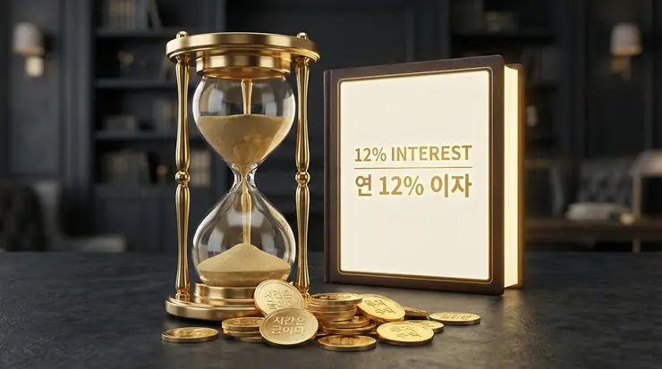 지연 이자 청구를 통해 지체된 시간만큼의 경제적 가치를 회수하는 과정을 상징하는 금융 법률 이미지