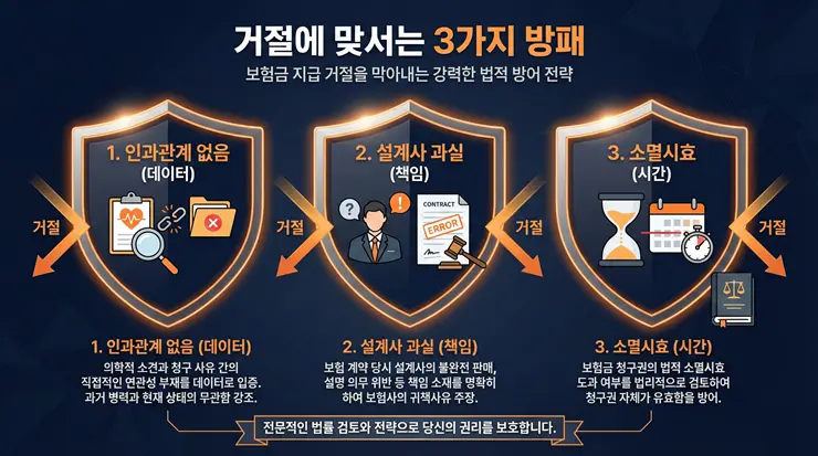 고지의무 위반 대응법: 보험 계약 무효 통보를 승인으로 뒤집는 소명 기술 (2026) 고지의무 위반 주장을 타파하고 보험사 분쟁에서 승리하는 3대 소명 원칙 인포그래픽