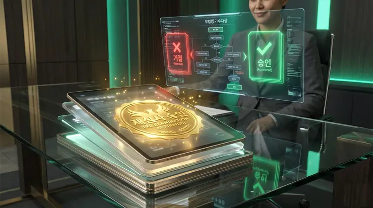 보험금 재심 청구 성공 비결: 지급 거절 대응을 위한 필수 문서 조합 (2026) 보험금 재심 청구 승인을 상징하는 황금색 인장과 디지털 서류를 형상화한 전문 금융 리포트 이미지