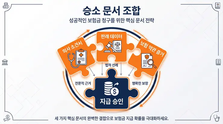 보험금 재심 청구 성공 비결: 지급 거절 대응을 위한 필수 문서 조합 (2026) 보험금 재심 청구 승소를 위한 필수 문서 3요소와 지급 거절 대응 프로세스를 도식화한 인포그래픽