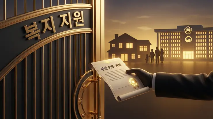 부양의무자 기준 예외 조항을 활용하여 기초수급 부양의무의 문턱을 넘는 과정을 상징하는 이미지