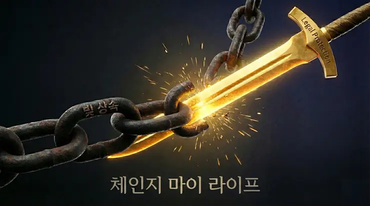 채무 상속 방지를 위해 빚의 고리를 끊고 법적으로 보호받는 과정을 시각화한 이미지