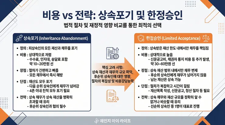 한정승인 비용과 상속포기 절차의 경제성을 정밀 비교 분석한 인포그래픽 이미지
