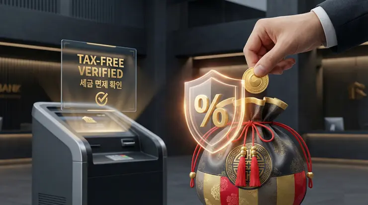 부모 계좌 이체 증여세 조사 기준: 단순 용돈을 비과세로 인정받는 기록법 (2026) 부모 계좌 이체 비과세 혜택과 자산 수호를 상징하는 복주머니와 디지털 방패 이미지