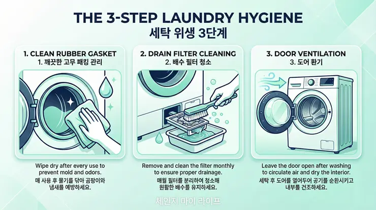 세탁기 통세척 루틴: 쉰내 잡는 과탄산소다 활용법과 배수 필터 관리 실사례 배수 필터 관리와 통세척 주기를 도식화한 인포그래픽 이미지