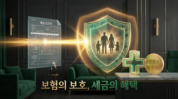 사망보험금 상속세 포함 기준: 유족이 놓치기 쉬운 보험금 세금 총정리 (2026) 사망보험금 상속세 리스크로부터 자산을 보호하고 보험금 세금을 절세하는 과정을 형상화한 이미지