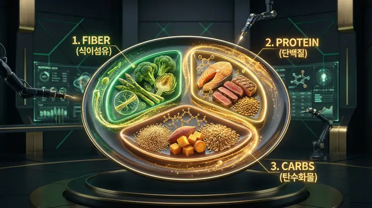 식사 순서에 따른 단계별 섭취 가이드를 시각화하여 혈당 관리의 중요성을 설명하는 이미지