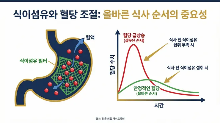 위장에서 식이섬유가 필터 역할을 하여 인슐린 반응을 안정시키고 혈당 관리를 돕는 원리 인포그래픽 이미지