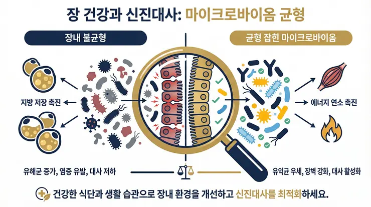 장내 미생물 불균형 상태에 따른 지방 축적과 에너지 연소의 메커니즘 차이를 설명하는 인포그래픽 이미지
