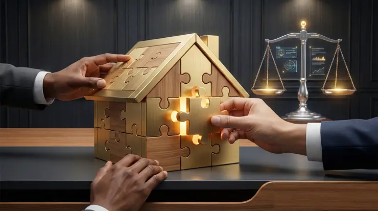 공동상속 분쟁 해결법: 소송 없이 상속 재산 분할 합의 이끄는 기술 (2026) 공동상속 분쟁을 원만히 해결하고 상속 재산 분할 퍼즐을 맞추는 화합과 공정의 이미지