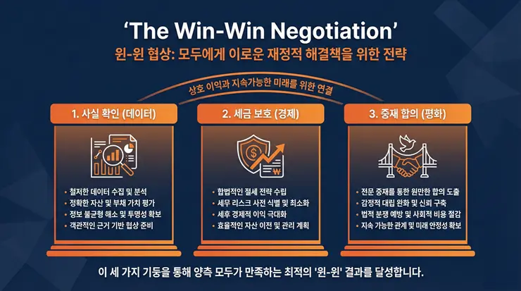 공동상속 분쟁 해결법: 소송 없이 상속 재산 분할 합의 이끄는 기술 (2026) 공동상속 분쟁 해결을 위한 3단계 비소송 상속 재산 분할 협상 프로세스 인포그래픽