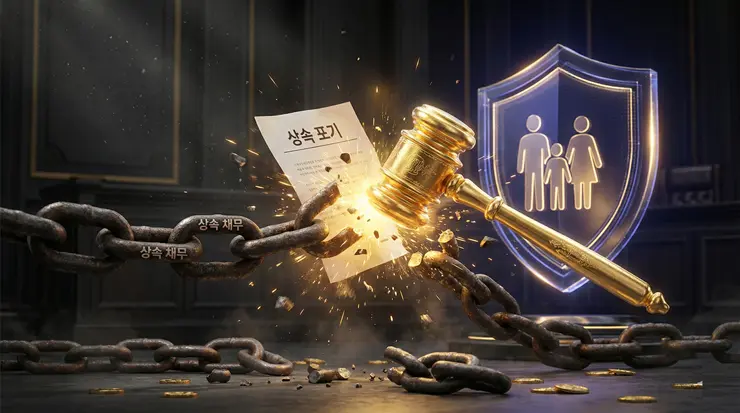 상속 포기 후 채권자 독촉 대응법: 부모님 빚 상속 책임을 차단하는 법적 근거 (2026) 상속 포기 책임 소재를 명확히 하고 채무 상속의 고리를 끊는 법적 대응 과정을 시각화한 금융 법률 리포트 이미지