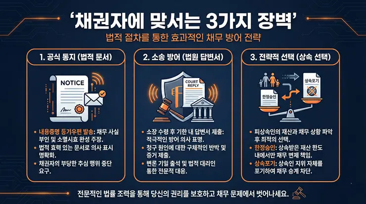 상속 포기 후 채권자 독촉 대응법: 부모님 빚 상속 책임을 차단하는 법적 근거 (2026) 부당한 상속 포기 책임 전가를 방어하고 채권자의 독촉을 시스템적으로 차단하는 3단계 법적 대응 인포그래픽 이미지