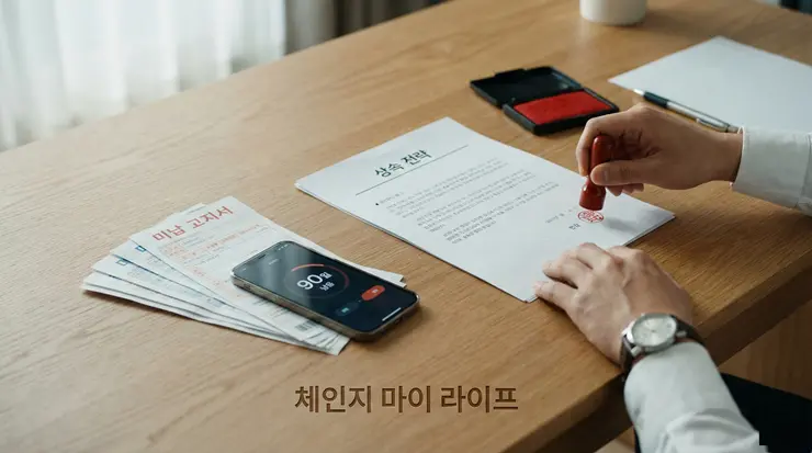 상속포기 vs 한정승인 차이 분석을 위해 법적 서류와 인감을 준비하며 채무 대물림 차단 전략을 수립하는 체인지 마이 라이프