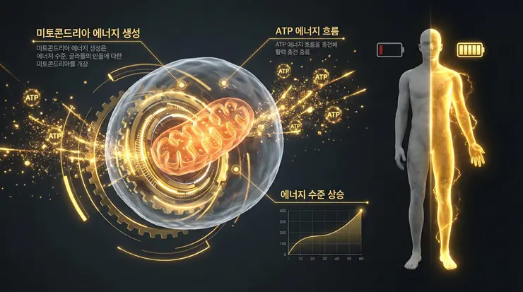 미토콘드리아 발전소에서 ATP 에너지가 생성되어 신체 활력이 되살아나는 과정을 시각화한 이미지
