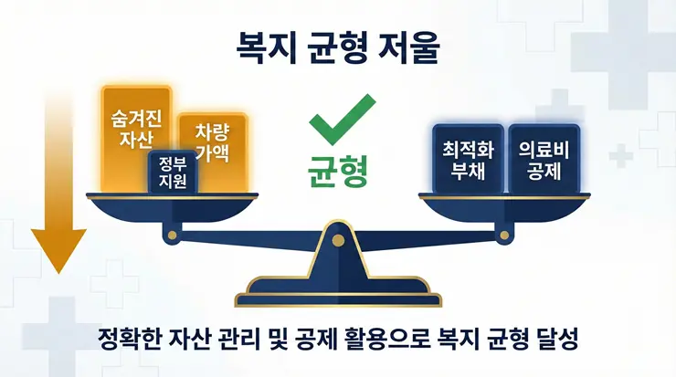 기초생활수급자 재신청 성공을 위한 자산 최적화와 소득 재산 기준 관리 원리를 설명하는 인포그래픽 이미지