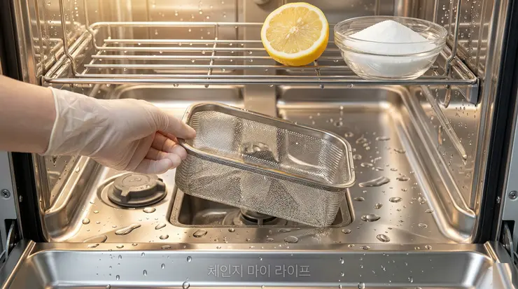 식기세척기 물비린내 해결 루틴: 세제 잔여물 데이터와 전용 클리너 실사용 후기 식기세척기 물비린내 방지를 위해 내부 필터를 정밀 청소하는 실사례 리포트 이미지