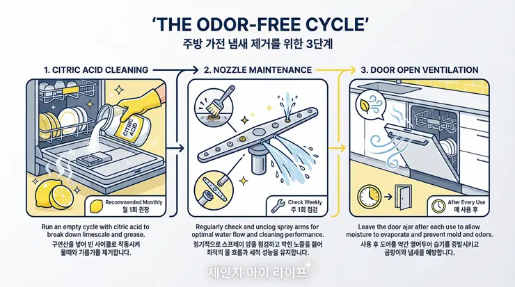 식기세척기 물비린내 해결 루틴: 세제 잔여물 데이터와 전용 클리너 실사용 후기 식기세척기 물비린내 해결을 위한 3단계 위생 관리 시스템 인포그래픽 이미지