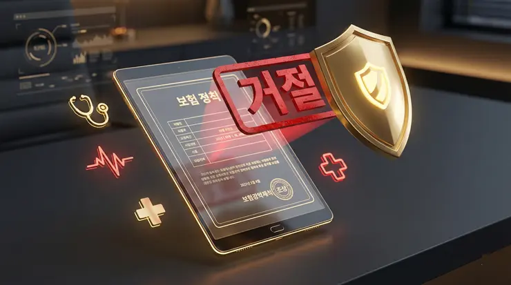 실손보험 갱신 거절 시도를 방어하고 보험 재계약 권리를 사수하는 과정을 형상화한 금융 이미지