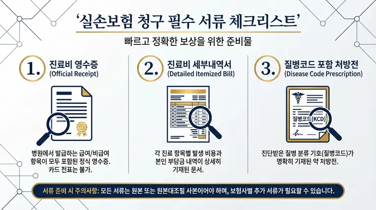 실손보험 청구 및 지급 거절 사유 방지를 위한 필수 서류 인포그래픽 이미지
