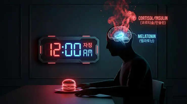 야식 섭취 시 수면 방해가 일어나는 과정을 형상화한 이미지