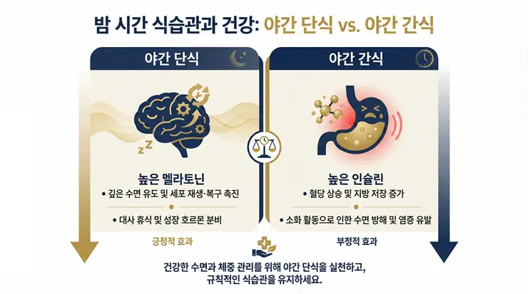 야식 여부에 따른 멜라토닌 및 인슐린 농도 변화와 신체 복구 메커니즘 인포그래픽 이미지