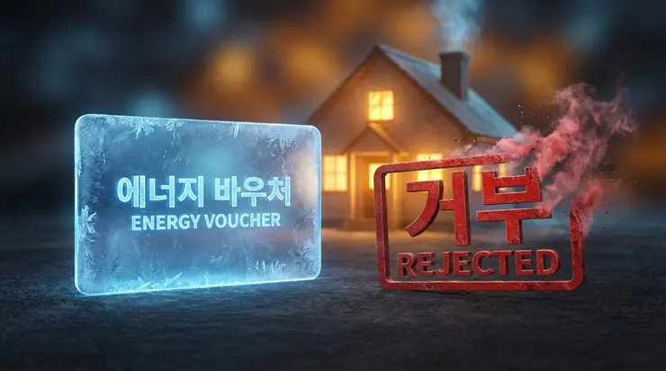 에너지바우처 탈락 위기를 극복하고 따뜻한 주거 환경을 사수하는 과정을 상징하는 이미지