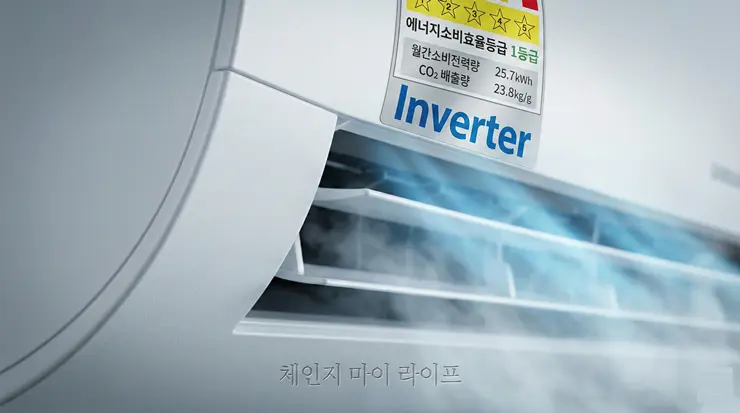 에어컨 전기세 절약 루틴: 인버터 정속형 구별법과 24시간 풀가동 실사용 후기 (2026) 인버터 구별법을 위해 에어컨 에너지 효율 라벨을 정밀하게 확인하는 실사례 이미지