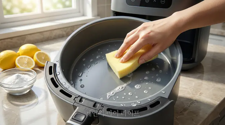 에어프라이어 세척 루틴: 코팅 손상 없는 기름때 제거와 열선 관리 데이터 에어프라이어 세척을 위해 부드러운 도구와 천연 세정제를 사용하는 실사례 리포트 이미지