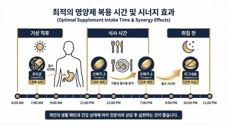 신체 리듬에 맞춘 24시간 영양제 복용 시간 및 조합 가이드 인포그래픽 이미지