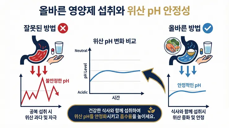공복 복용과 식후 복용에 따른 영양제 속쓰림 발생 차이와 위장 부작용 예방 원리 인포그래픽 이미지