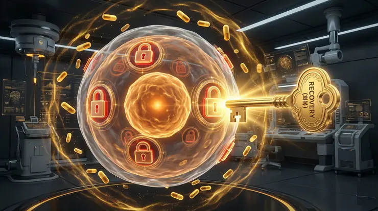 영양제 적응으로 인해 세포가 영양소를 받아들이지 못하는 상태와 이를 해결하는 과정을 시각화한 이미지