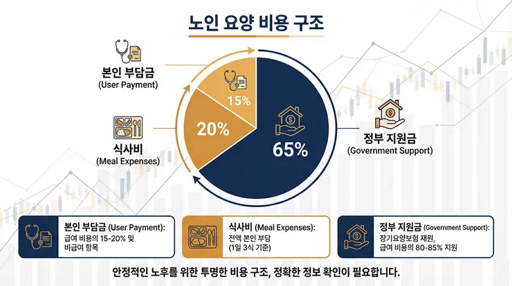 장기요양등급 비용의 구성 요소인 본인부담금과 비급여 항목을 설명하는 인포그래픽 이미지