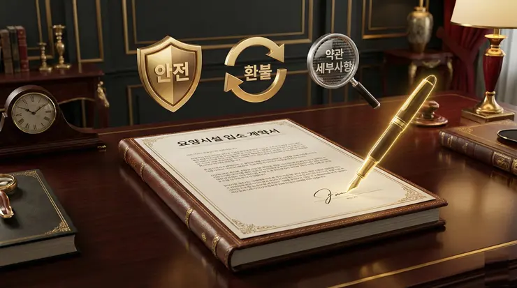 요양원 계약서의 중요성과 환불 조항 사수를 상징하는 계약 체결 이미지
