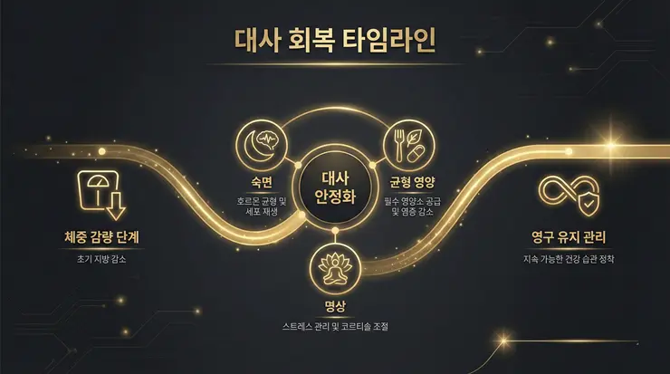 요요 방지 성공 전략, 굶기보다 강력한 ‘회복 루틴’ 3가지의 마법 수면 회복이 호르몬 밸런스와 요요 방지에 미치는 유기적 메커니즘을 설명하는 인포그래픽 이미지