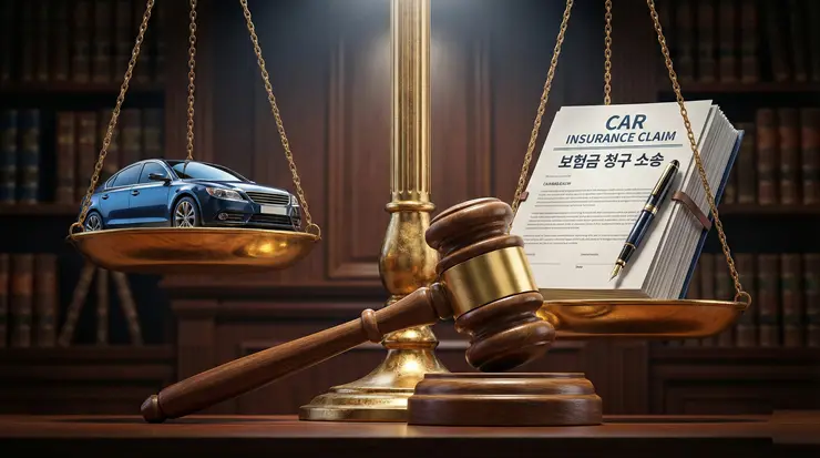 운전자보험 합의금 미지급 사례: 형사합의 특약과 변호사 선임비의 함정 (2026) 운전자보험 합의금과 법적 권리 방어를 상징하는 정의의 저울과 보험 서류 이미지