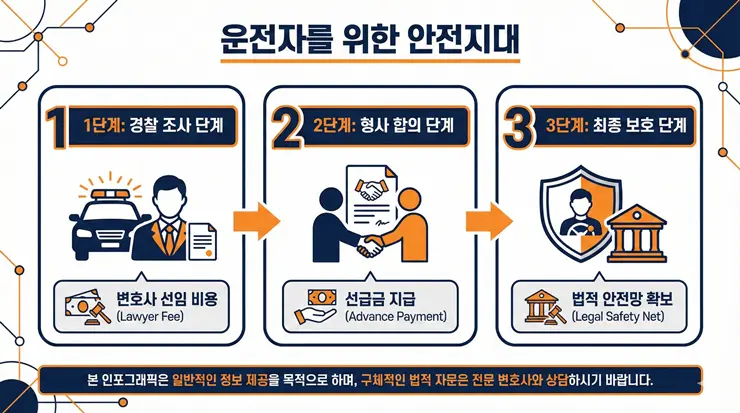 운전자보험 합의금 미지급 사례: 형사합의 특약과 변호사 선임비의 함정 (2026) 형사합의 특약 선지급과 변호사 선임비의 단계별 대응 체계를 도식화한 인포그래픽