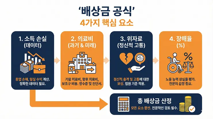 의료 합의금 평균 산정법: 의사 과실 인정 시 손해배상 판례 금액 (2026) 의료 합의금 평균 산정의 4대 핵심 요소와 의료소송 금액 결정 구조 인포그래픽