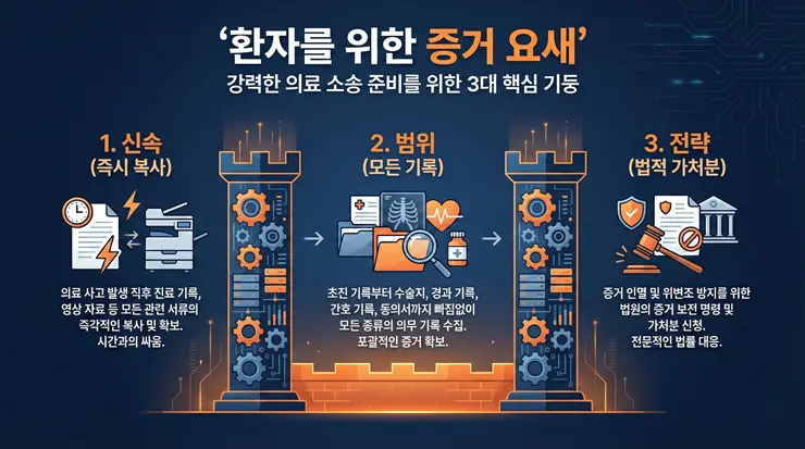의료사고 입증 책임과 증거 확보: 병원을 이기는 진료기록 확보 리스트 (2026) 의료사고 증거 확보를 위한 3대 원칙과 시스템적 대응 프로세스 인포그래픽