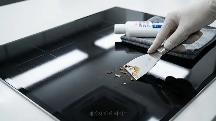 인덕션 상판 청소를 위해 스크래퍼로 찌든 때를 정밀하게 제거하는 실사례 리포트 이미지
