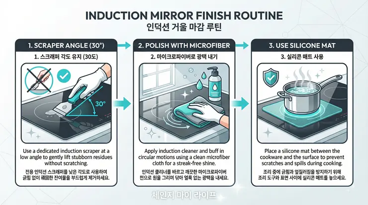 스크래치 방지와 광택 유지를 위한 3단계 인덕션 관리 시스템 인포그래픽 이미지