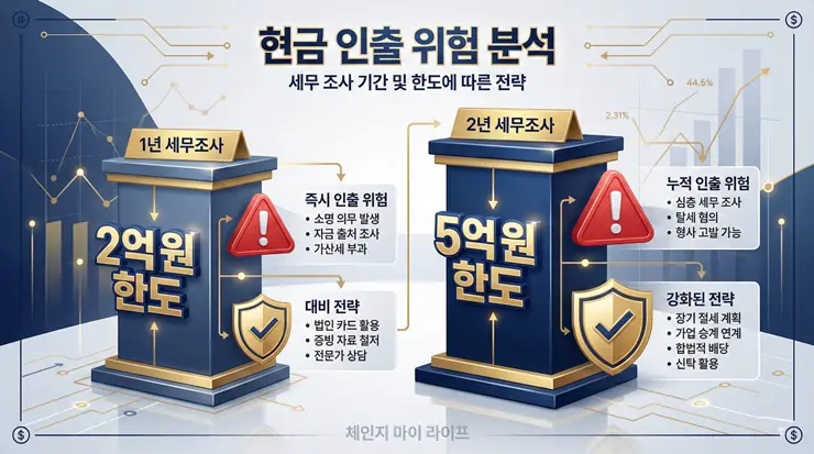 부모님 임종 전 현금 인출 리스크: "세무조사 0순위" 피하는 소명 데이터 전략 임종 전 현금 인출 금액에 따른 상속세 추정 과세 지표를 보여주는 전문 인포그래픽 리포트 체인지 마이 라이프