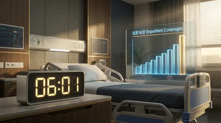 입원 인정 기준 완벽 정리: 통원 치료를 입원으로 인정받는 법적 조건 (2026) 입원 인정 기준 시간인 6시간 경과와 실손보험 입원 보장 확대를 상징하는 이미지