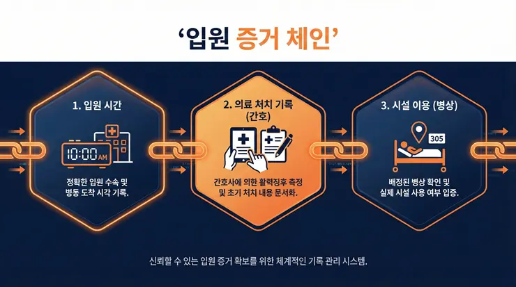 입원 인정 기준 완벽 정리: 통원 치료를 입원으로 인정받는 법적 조건 (2026) 실손보험 입원 승인을 위해 반드시 확보해야 할 입원 인정 기준 증거 사슬 인포그래픽