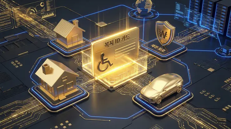 장애 등록 혜택을 상징하는 황금 복지 카드와 경제적 안전망을 시각화한 이미지