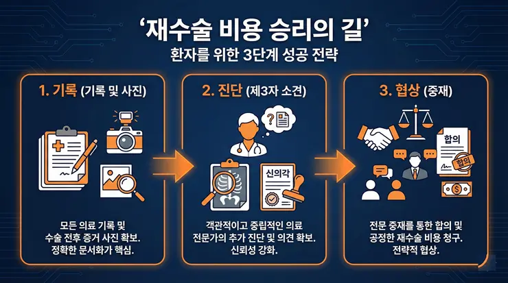 성형 재수술 비용 청구법: 병원에 손해배상 요구 가능한 조건 5가지 (2026) 성형 재수술 비용 확보를 위한 3단계 병원 손해배상 청구 프로세스 인포그래픽