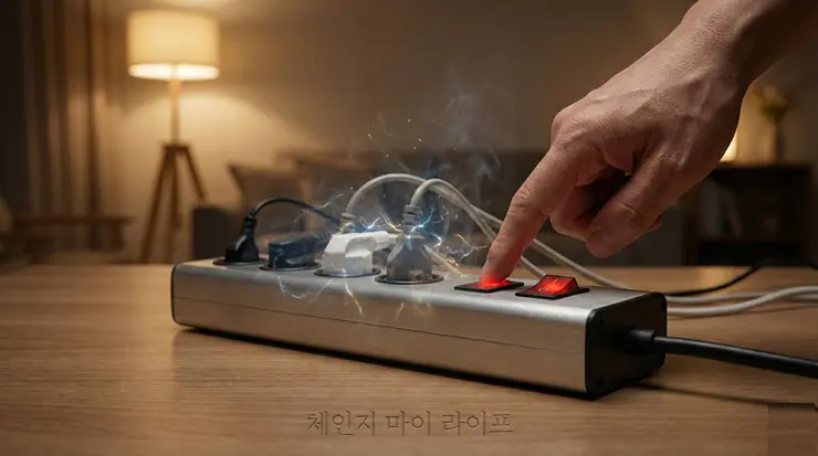 대기전력 킬러 가전의 전원을 멀티탭 스위치로 차단하여 에너지를 절약하는 실제 모습 이미지