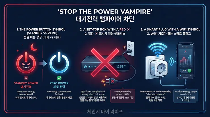 전기 절약 루틴을 위해 대기전력 발생 가전을 선별하는 인포그래픽 이미지