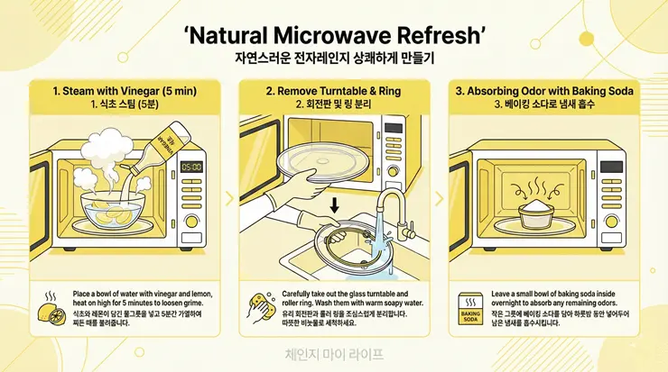 전자레인지 청소 루틴: 찌든 때 제거와 냄새 박멸을 위한 천연 스팀 가이드 냄새 제거와 찌든 때 박멸을 위한 3단계 전자레인지 세척 시스템 인포그래픽 이미지